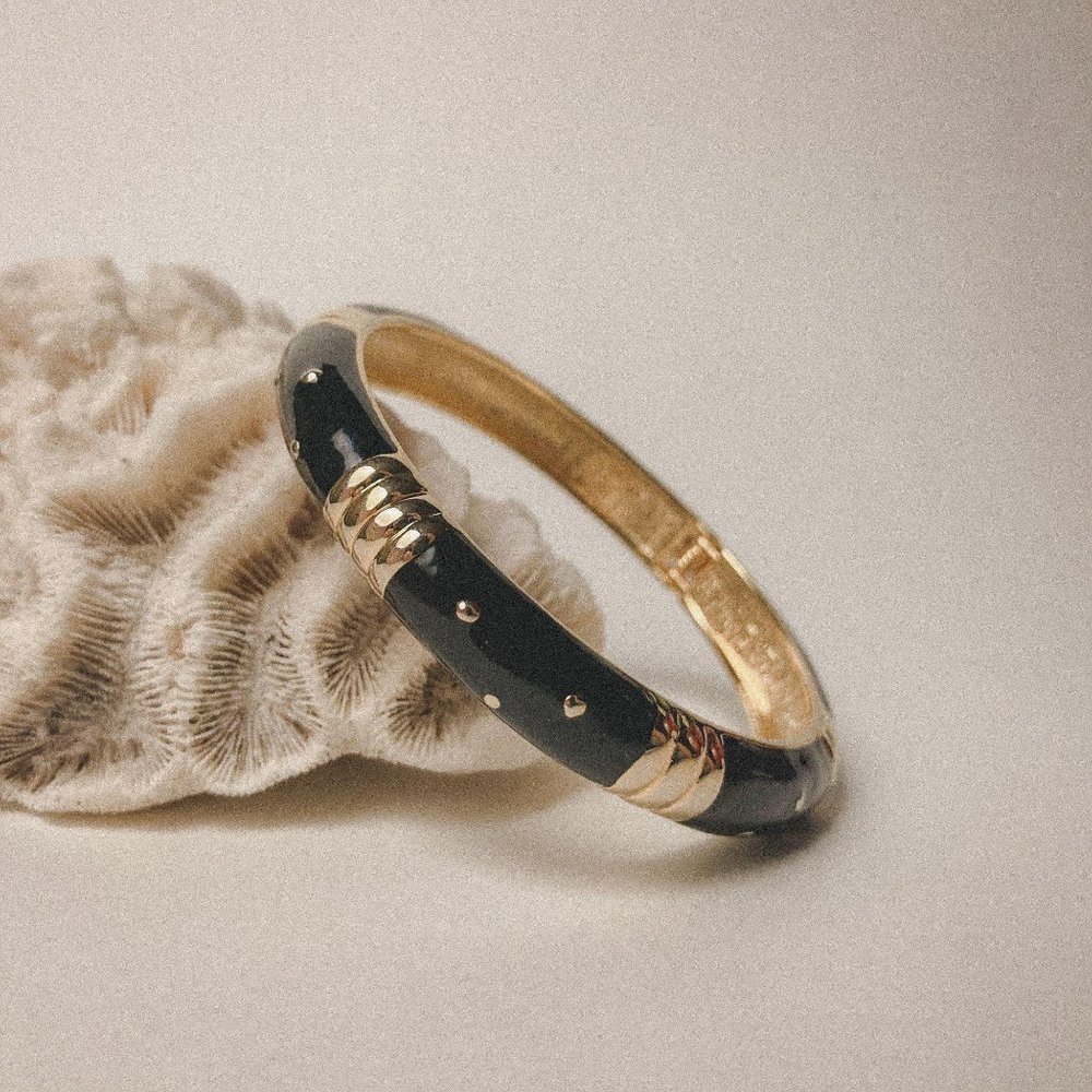 Art Deco Black Gold Polka Dot Clamp Bracelet